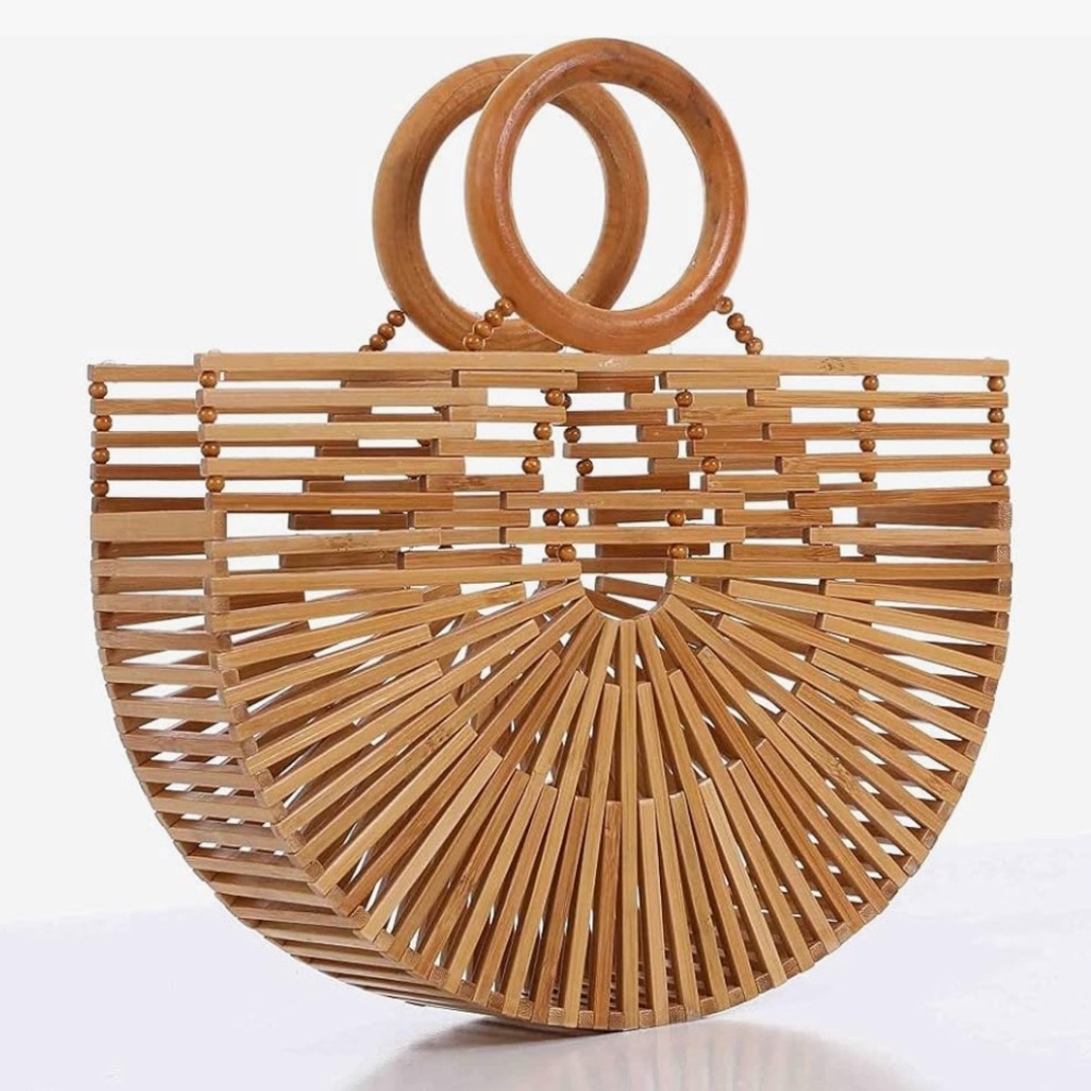 Women's Top Handle Bamboo Handbag Summer Beach Tote Bag